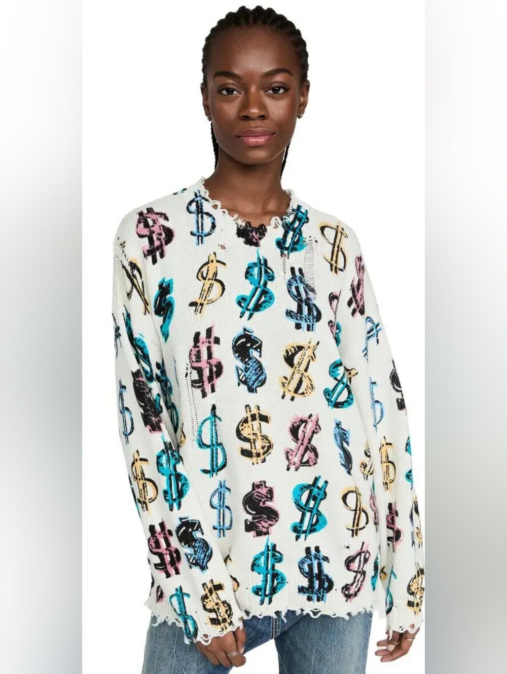 R13 Dollar Sign Oversized Distressed Cotton Sweater Off-White Size S Org $495 - Picture 2 of 16